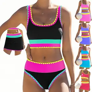 Three-piece cover-up skirt high-waisted bikini women's color-blocked two-piece swimsuit with scalloped edges for vacation swimming
