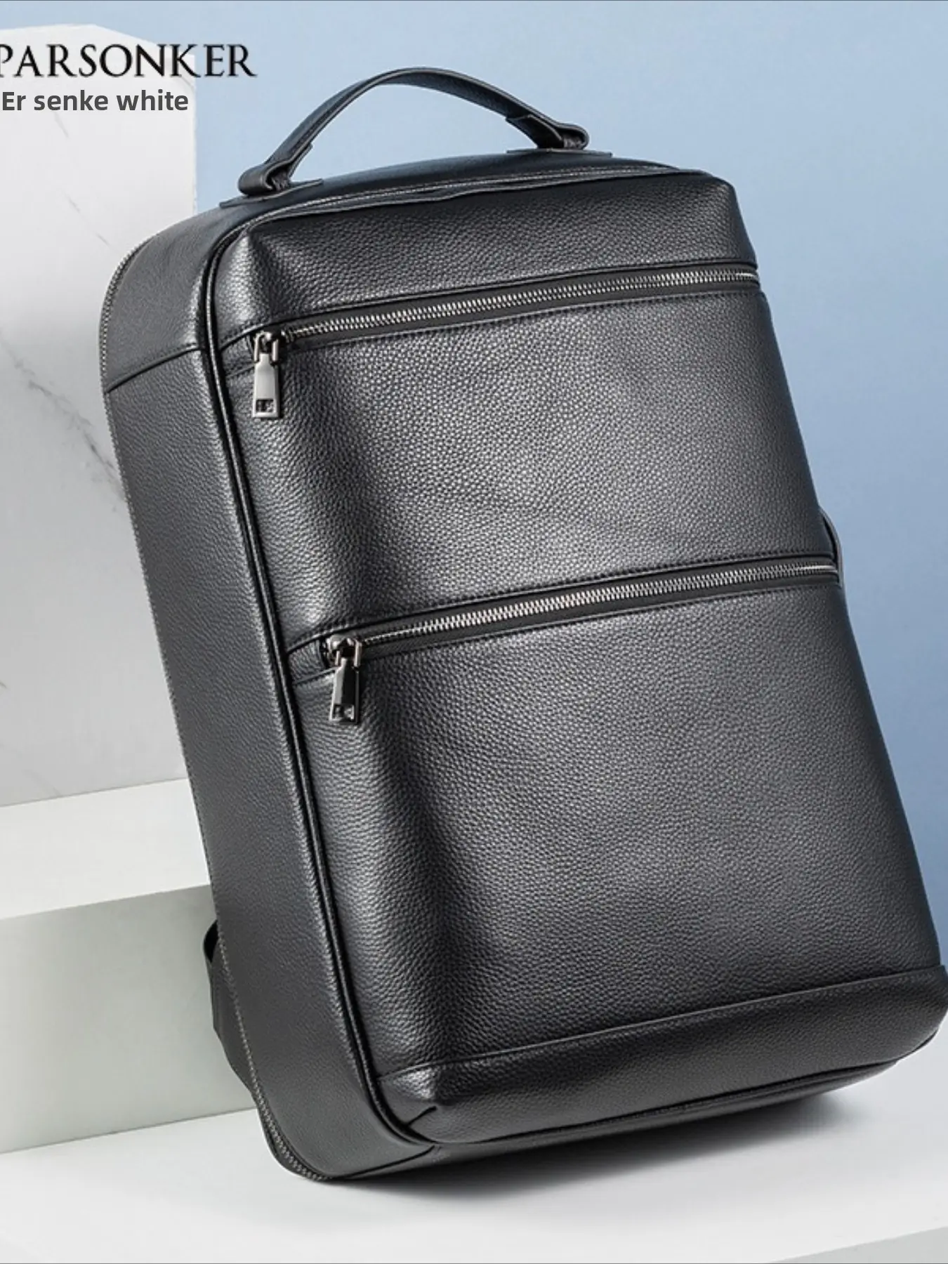 Solid color men's backpack, genuine leather, business large-capacity backpack, fashionable double portable three-dimensional backpack.