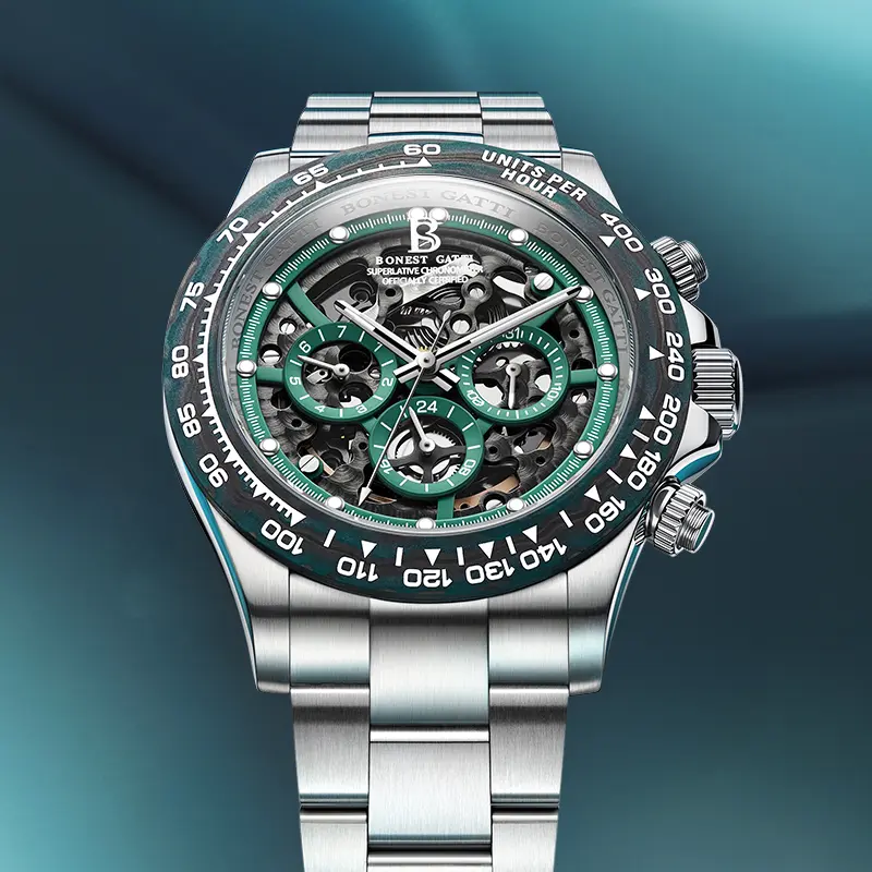BONEST GATTI Men Automatic Mechanical Watch 2026 New Round Dial Skeleton Chronograph Carbon Pulse Series Daily Waterproof High Quality Business Wristwatch