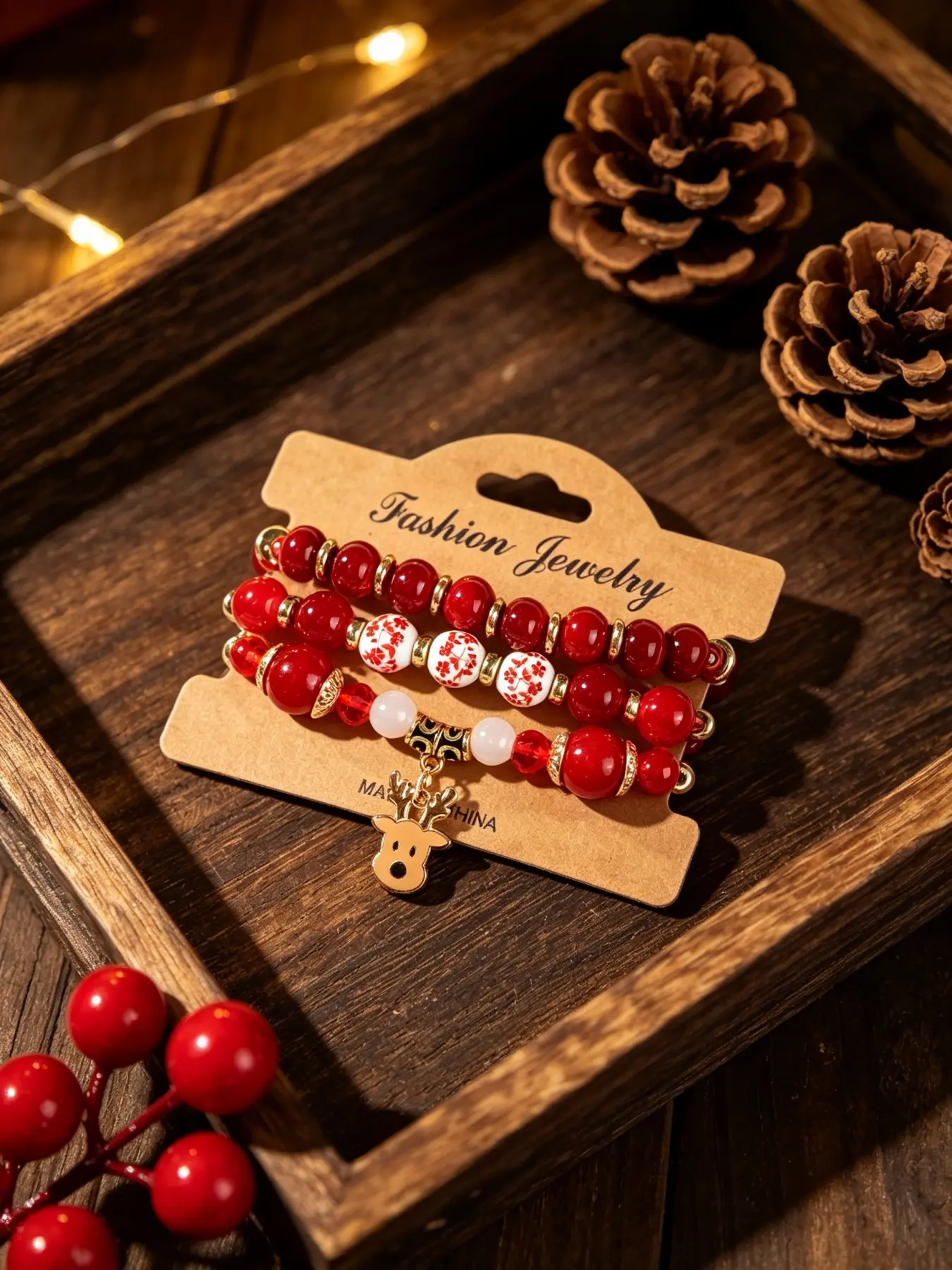 Fashion Jewelry 3 Stackable Tone Bead Stretch Bracelet Bundle, Festive Holiday Layerable Accessory for young women, suitable for Christmas parties, winter daily outfits, holiday market styling & warm seasonal gift giving