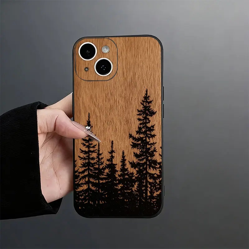 Wood Texture Pine Tree Forest Silhouette Phone Case，Rustic Minimal Nature Outdoor Style for iPhone 17 16 15 14 13 12 11 Plus Pro Max, Woodland Lover Present