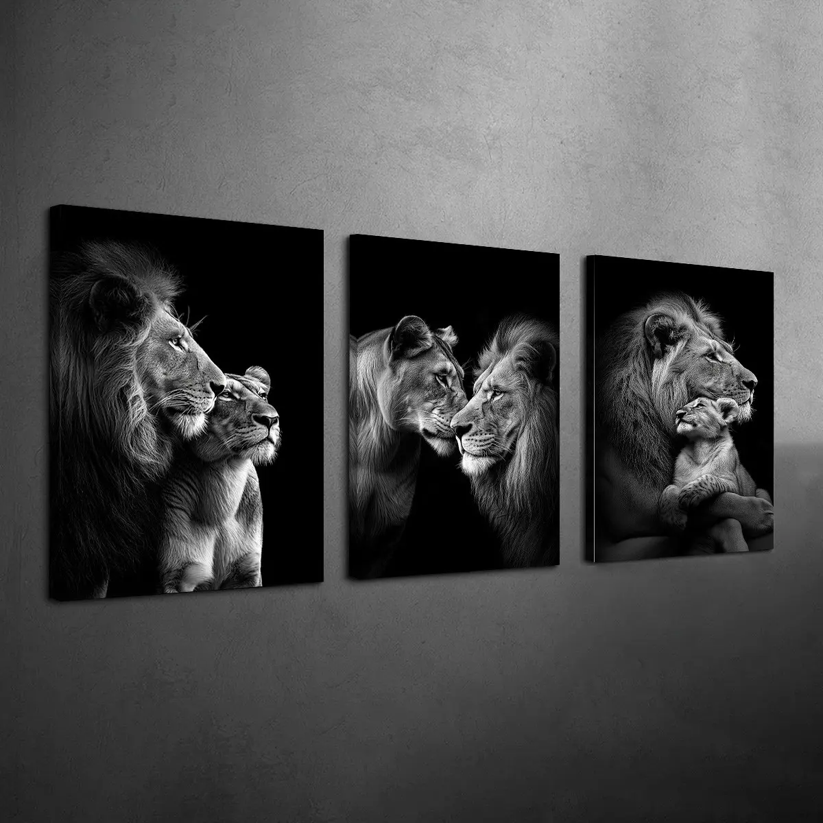 3pcs Set Black and White Lion Canvas Wall Art, Stretched Framed Ready to Hang Prints, Majestic Lion and Lioness Painting, Wild Animal Wildlife Artwork, Dramatic Big Cat Wall Decor for Living Room and Bedroom (Internal Wood Frame Included)