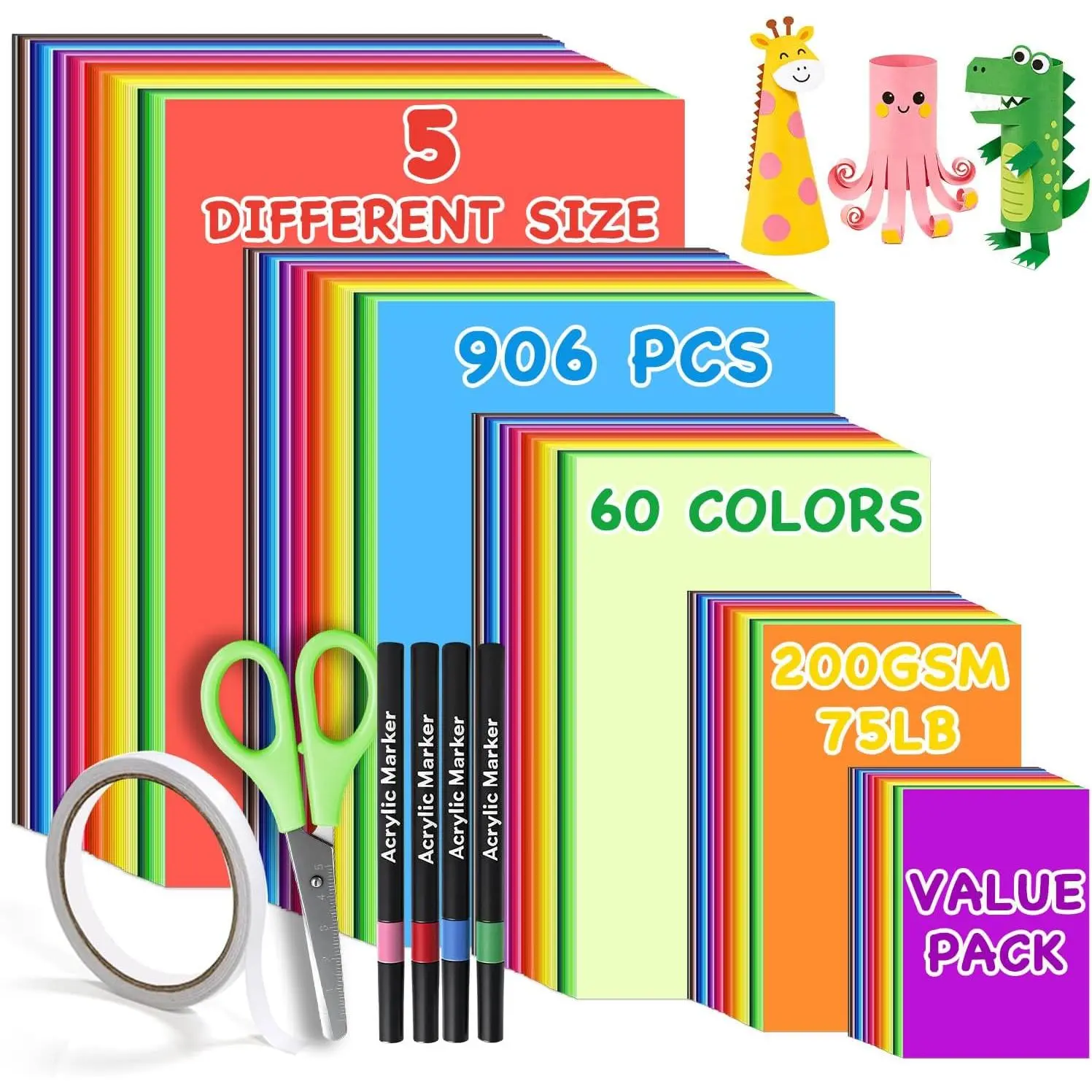 306 count Colored Cardstock Paper, 5 Different Size/60  Colors Construction Paper Bulk, 200GSM/75LB Thick Colorful Card Stock Printer Paper for Printing, DIY Cards,  School Supplies