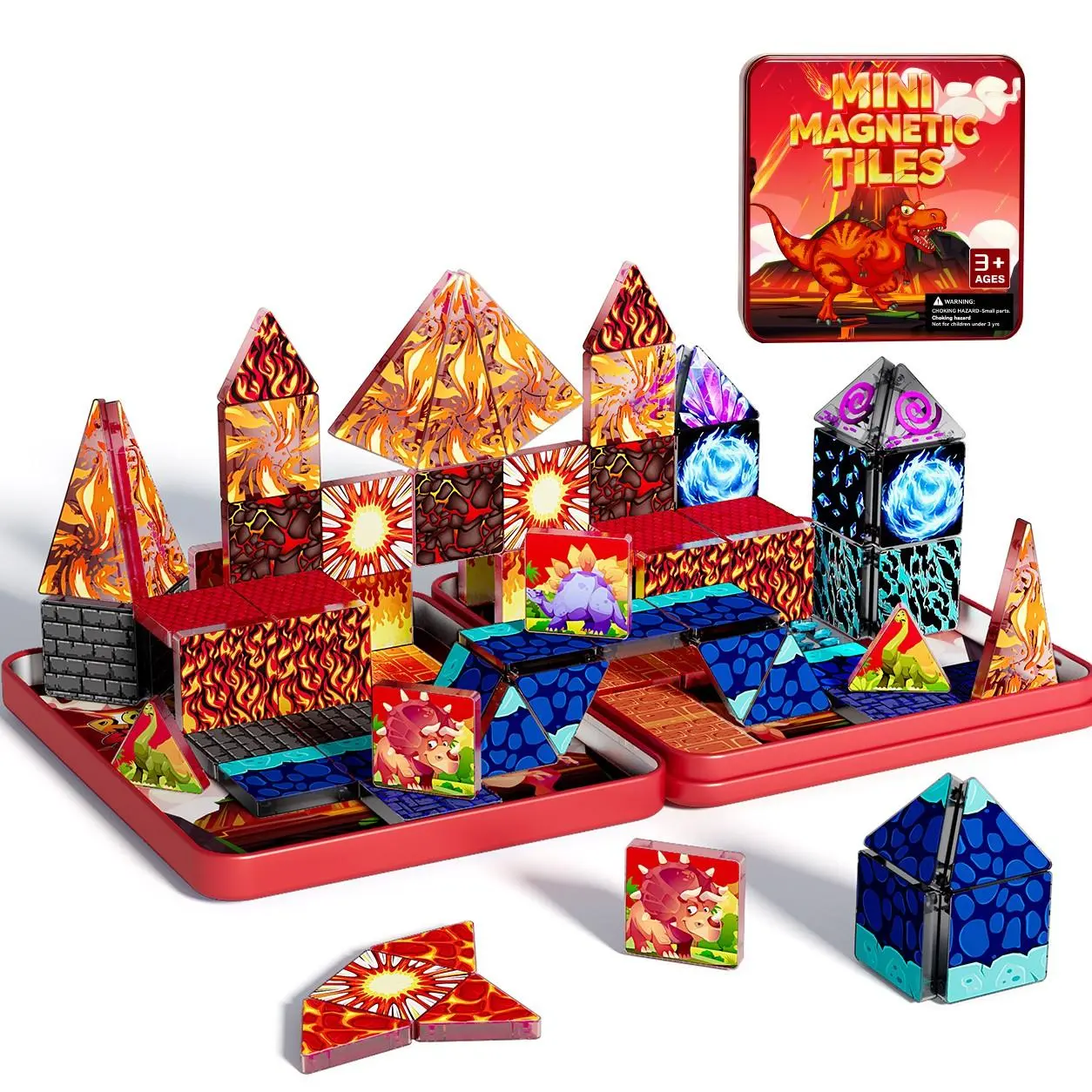 Mini Magnetic Tiles, Magnetic Building Set, Dinosaur Lava Volcano Theme Magnet Tile Blocks, Red Iron Box for Storage & Play, STEM Educational 3D Building Toy, Dinosaur Adventure Game, Birthday Christmas Gift for Kids Aged 3+, Magnetic Building Kit