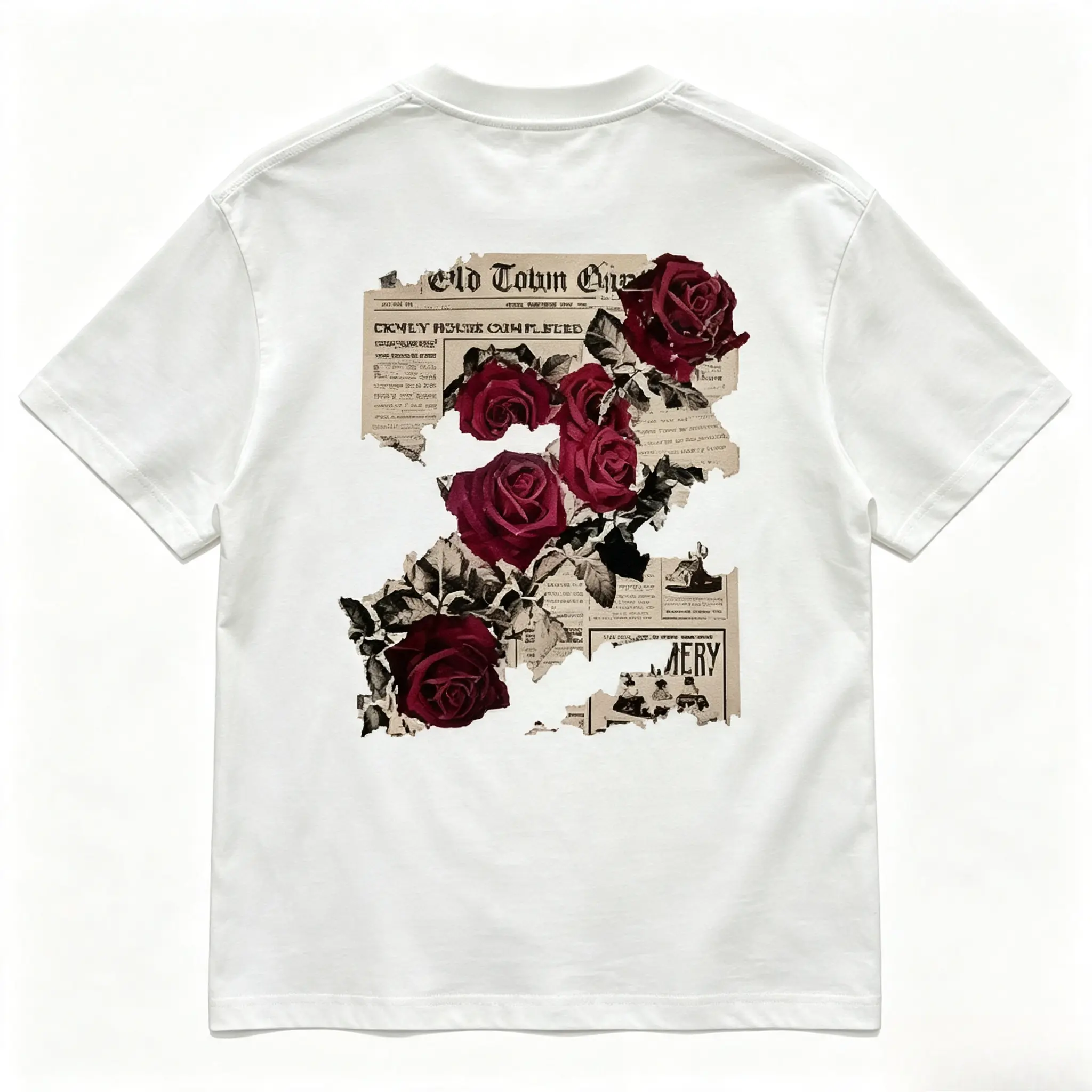 Vintage Red Rose Torn Newspaper Back Print Graphic Cotton T-Shirt, Oversized Comfort Fashion Outfit, Aesthetic Floral Casual Top, Perfect Valentine’s Day Holiday Gift for Lovers, Family, Friends for Him Her