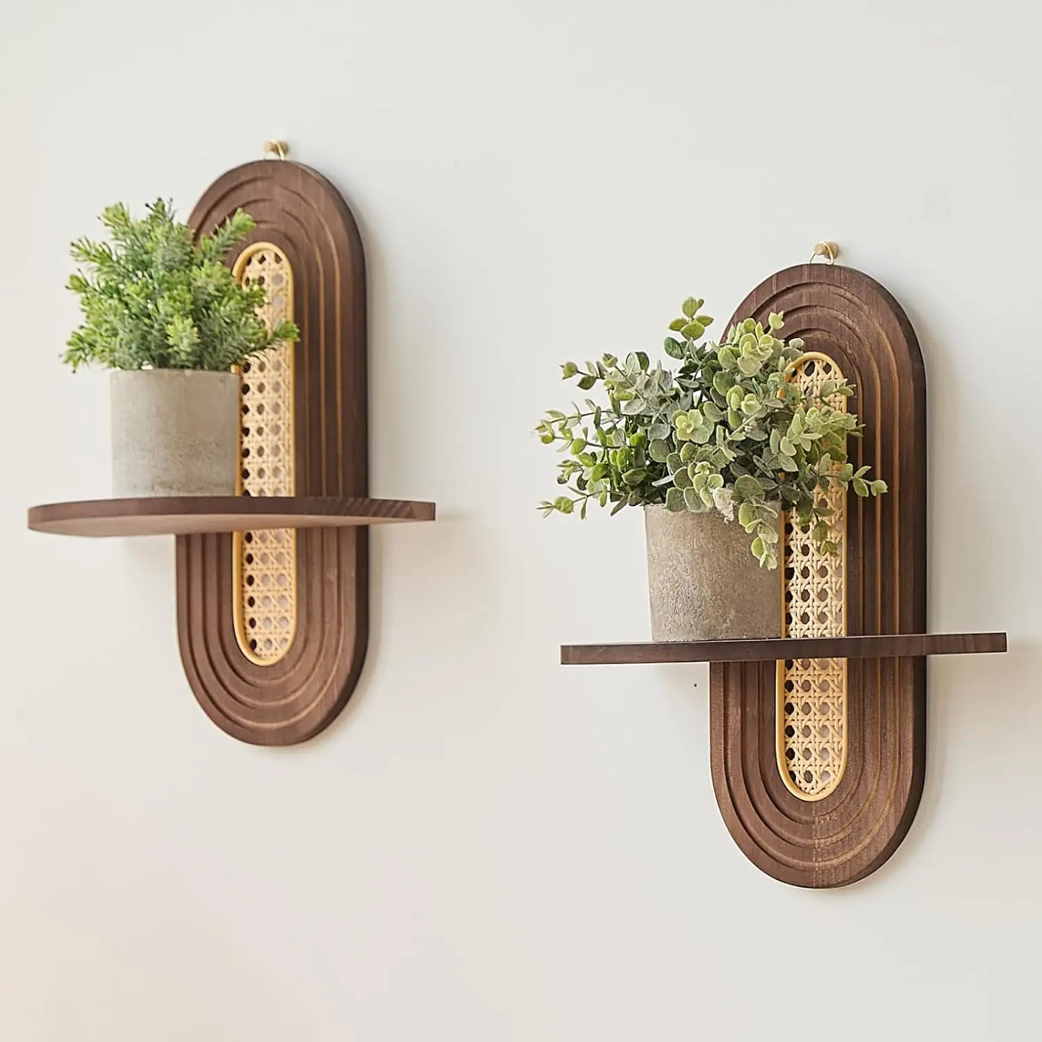 Floating Rattan Shelves for Wall Set of 2, Mid Century Modern Wall Plant Holder, Boho Wall Decor for Home, Bedroom, Living Room, House, Apartment