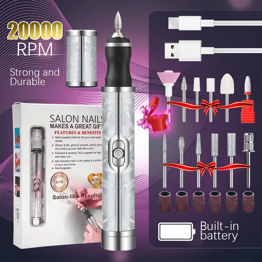 LALUU Rechargeable Electric Nail Drill Machine, Aluminum Alloy Portable Nail File Pen with 4 Speed Modes, Low Noise High Speed Motor, Replaceable Nail Bits Kit for Manicure Pedicure Gel Nail Remover