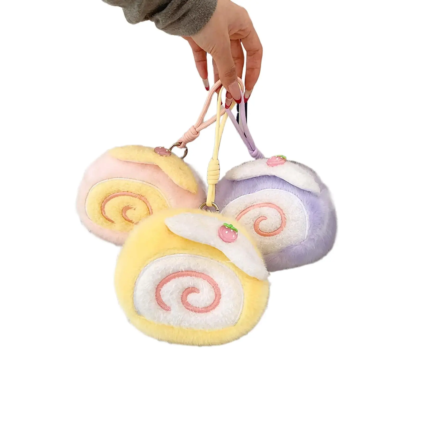 Cake Roll Plush Purse Pouch, Kawaii Coquette Style Mini Wallet for Girls with Coin Pocket, Strawberry Charm and Wristlet Strap, Keychain Wristlet Wallets, Wallet And Charm