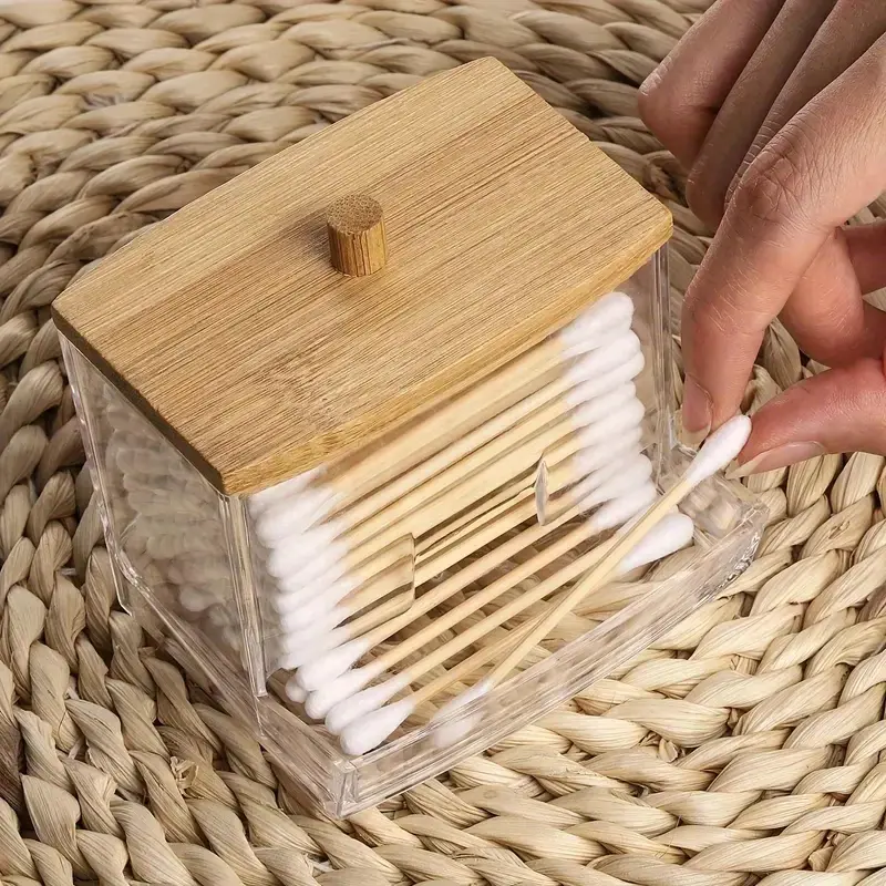 7 OZ Apothecary Jar with Wooden Lid, Cotton Swab Cotton Ball Dispenser, Bathroom Storage Container