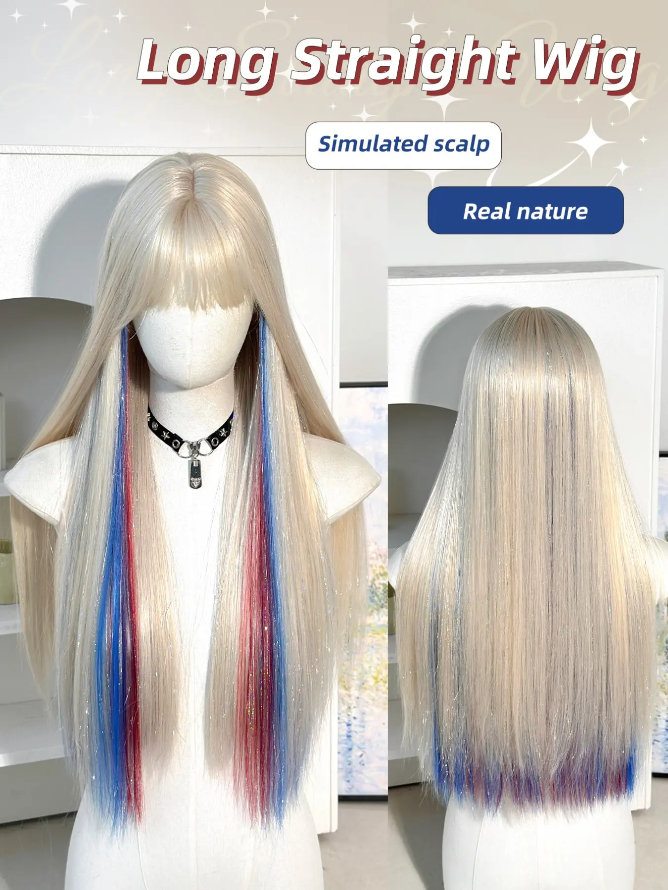 26-Inch Platinum Blonde Hair Wig with Blue Highlights, Long Straight Synthetic Fiber, Heat Resistant, Perfect for Parties & Gifts, Party Wigs