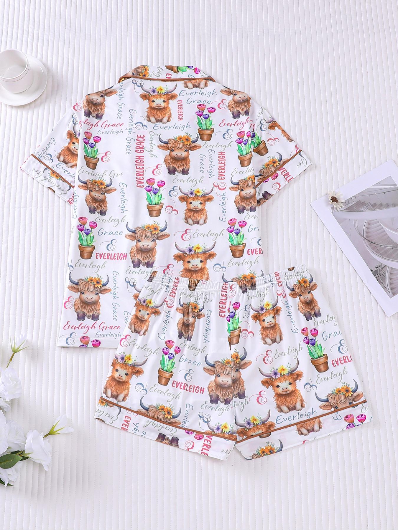 Women's All Over Print Pajama Two-piece Set, Casual Comfy Short Sleeve Top & Elastic Waist Shorts Loungewear Set, Ladies Summer Sleepwear