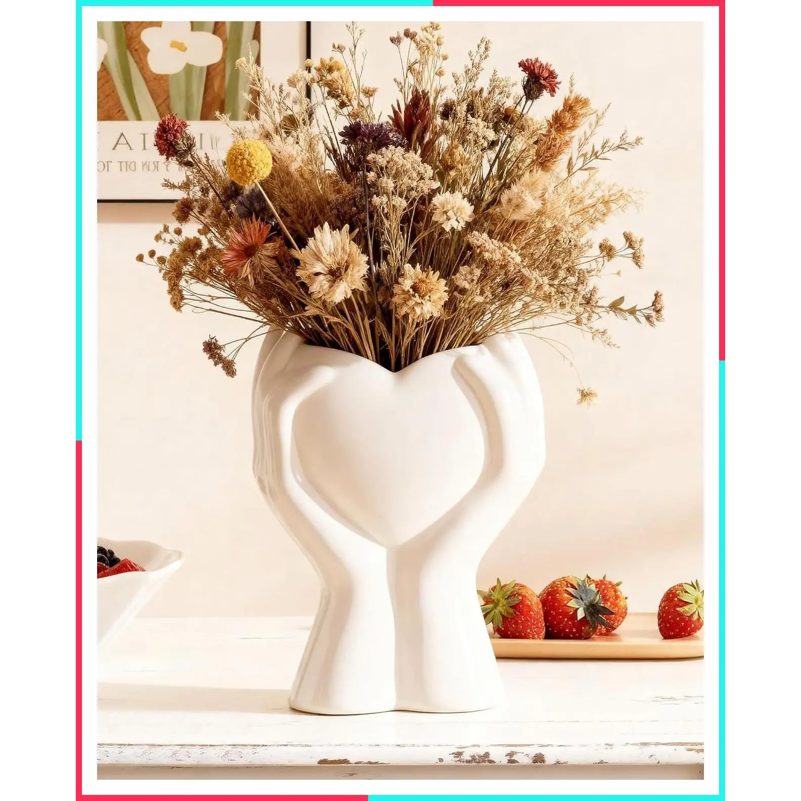 White Heart Held in Two Hands Ceramic Flower Vase - Cute Modern Small Vase for Pampas Grass, Decorative Table Centerpiece for Coffee or Dining Table, Shelf Decor - Gift for Mom