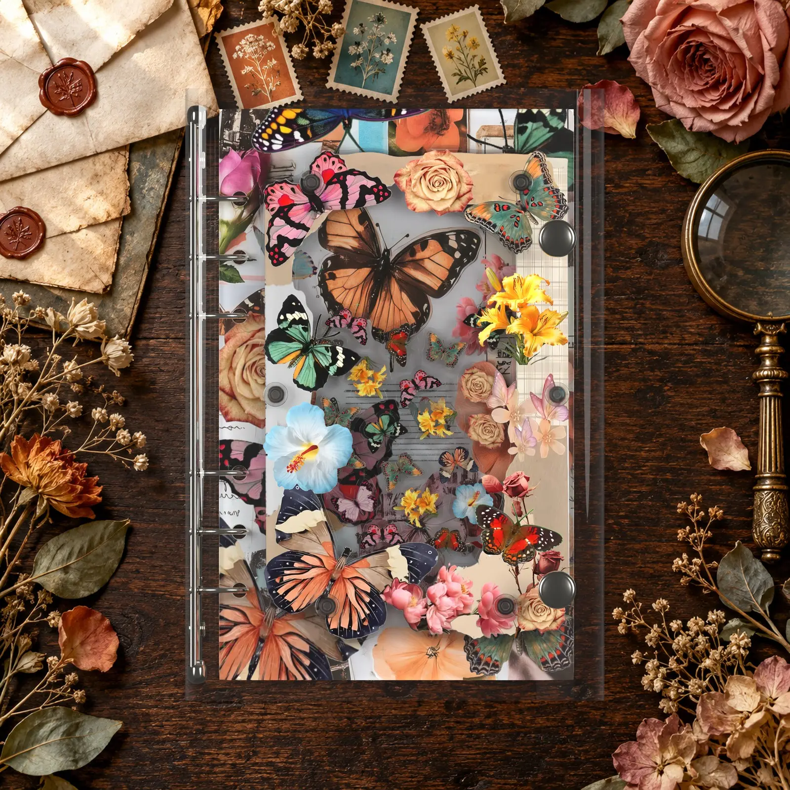 Vintage Butterfly Journal, Acrylic Shaker Notebook A6 Refillable 6-Ring Binder with 25 Photo Sleeves & 30 Lined Pages, Handmade Stamp Art Gift