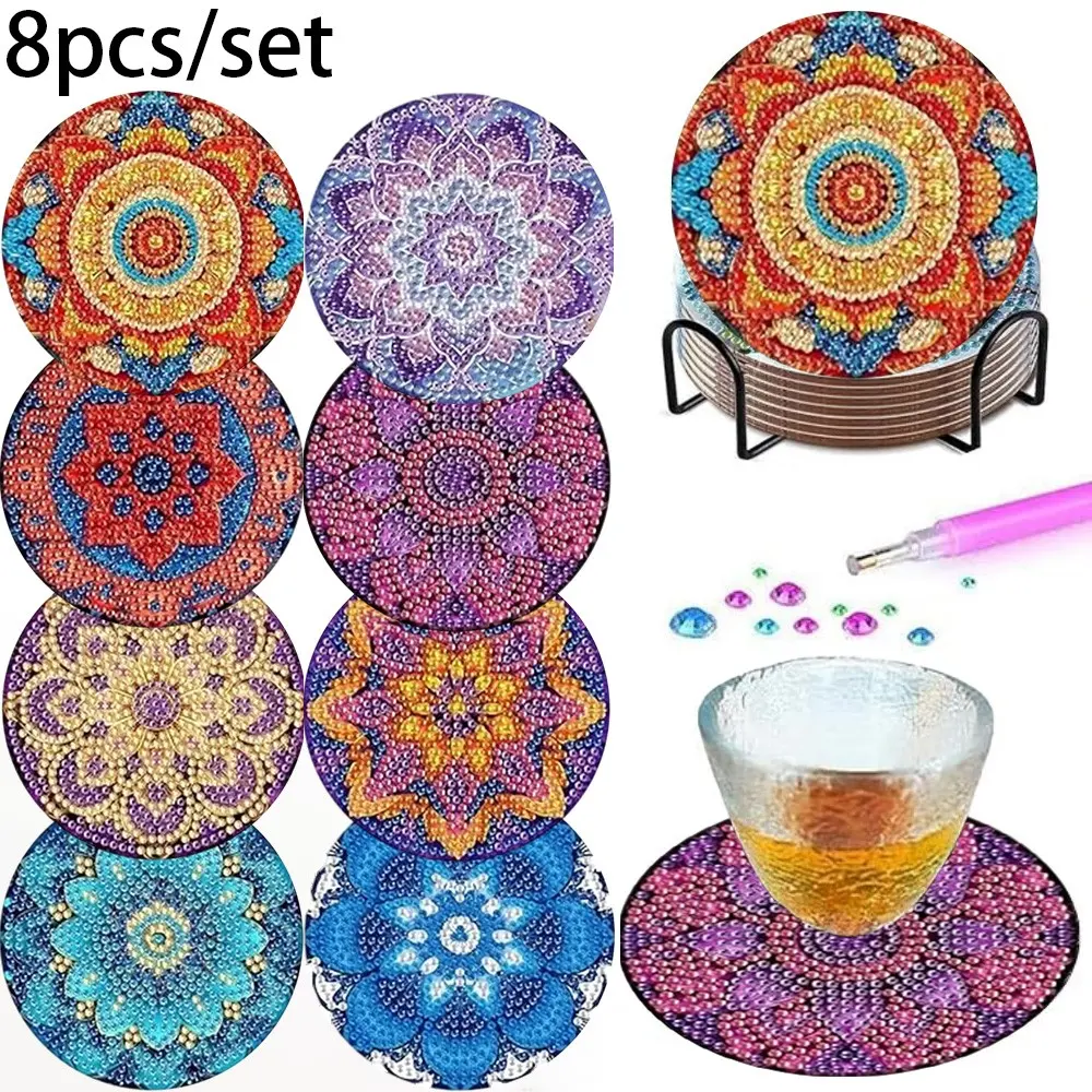 8-Piece Rainbow Mandala Diamond Pattern Tray with Metal Stand, DIY Diamond Painting Coaster, Waterproof Drink Mat for Coffee Table and Bar