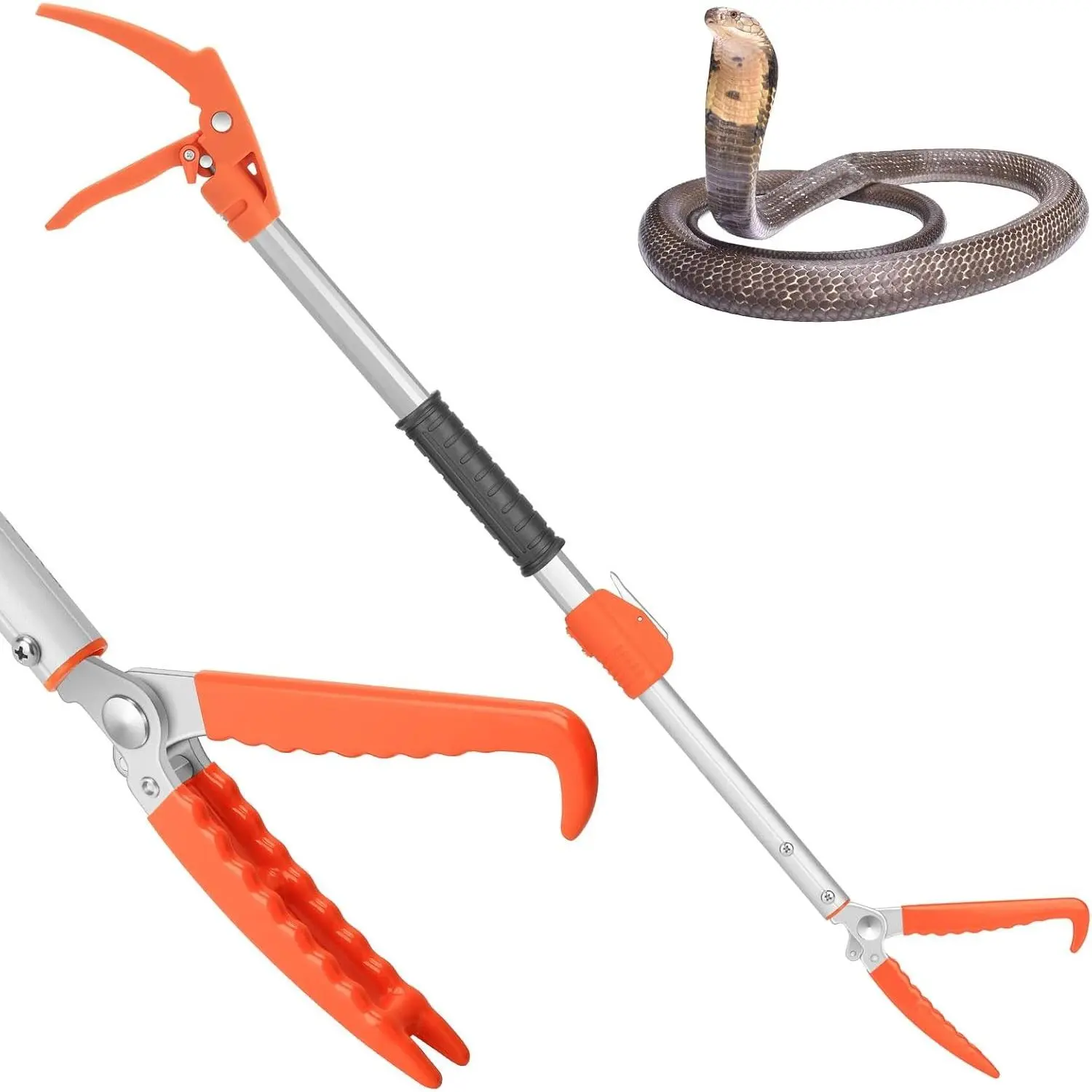 Professional 60" Aluminum Alloy Telescopic Snake Grabber Rattle Snake Tongs Reptile Catcher Wide Jaw Handling Tool with Lock