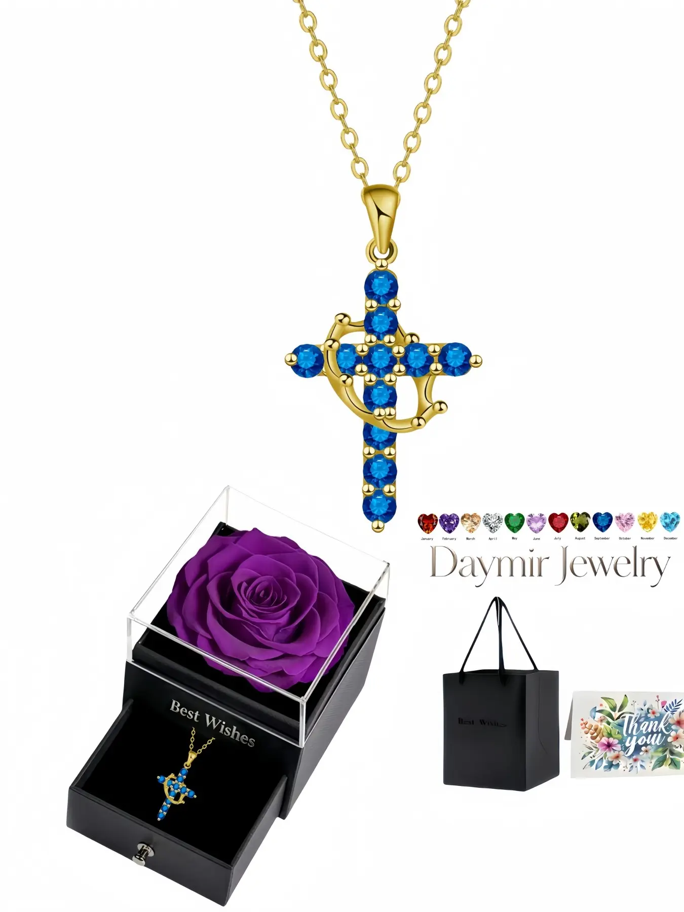 "Birthstone Crown Radiance", premium rotating crown cross necklace set with zodiac birthstones, matched with purple everlasting rose jewelry box, ideal gifts for birthdays, Mother’s Day, Valentine’s Day and Christmas.