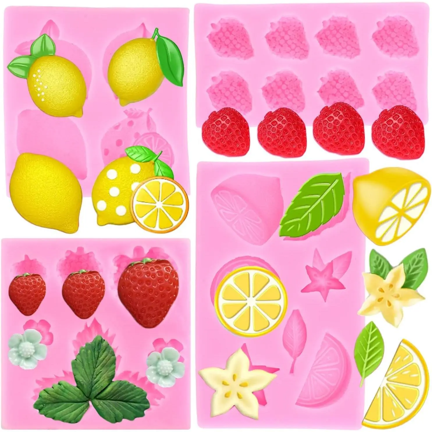 Lemon Fondant Molds Strawberry Silicone Mold Set Of 4 | Summer Fruit Flower Candy Chocolate Mold Lemon Slices Resin Mold Cake Decorating Cupcake Topper Gum Paste Polymer Clay