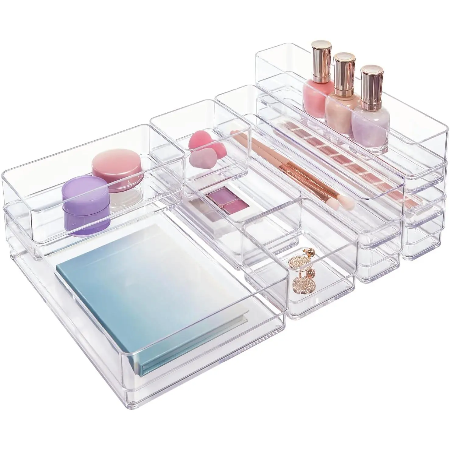 SimpleSort 10-Piece Stackable Clear Drawer Organizer Set | Multi-size Trays | Makeup Vanity Storage Bins and Office Desk Drawer Dividers | Made in USA
