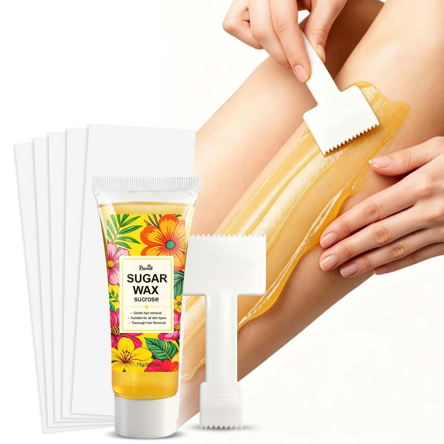 75g Sugar Wax Hair Removal Kit for Women, Includes Hair Removal Paper and Applicator Stick, Home Beauty Care, Smooth Skin Texture