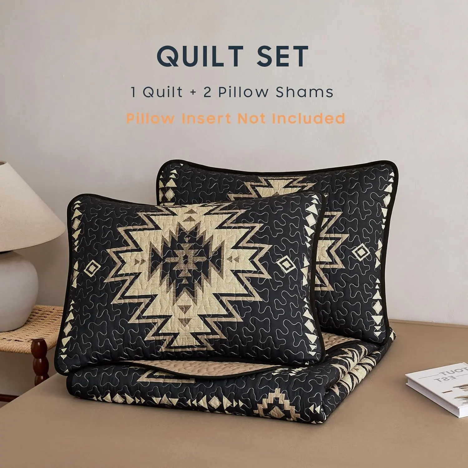 3-Piece Full-Queen Western Rustic Bedding Set, Southwestern Farmhouse Aztec Geometric Reversible Soft Durable Material Lightweight Quilt Coverlet Bedspread, Black Brown for Summer Bedroom Refresh