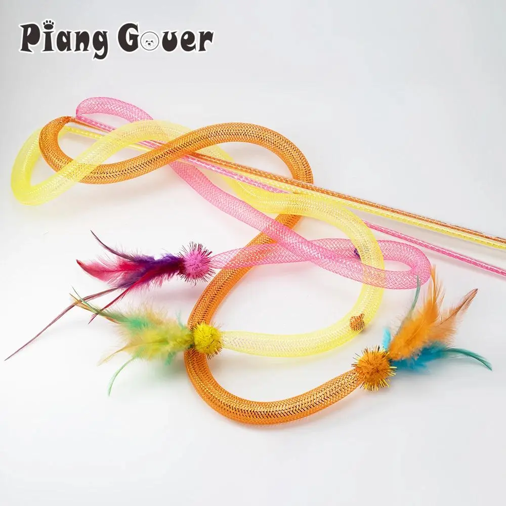 2pcs Feather Teasing Cat Stick Elastic Mesh Tube Cat Toy Rod Kitten Interactive Toys Pet Wand teasertoy for
