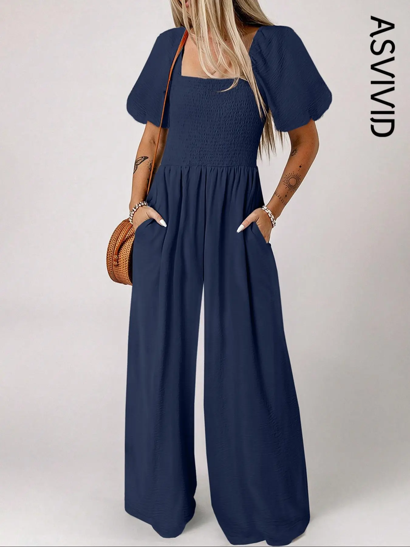 Women's Casual Elegant Chic Short Bubble Sleeve Smocked Wide Leg Jumpsuit, Fitted Plain Design with Pockets, Summer Wear, Fashion