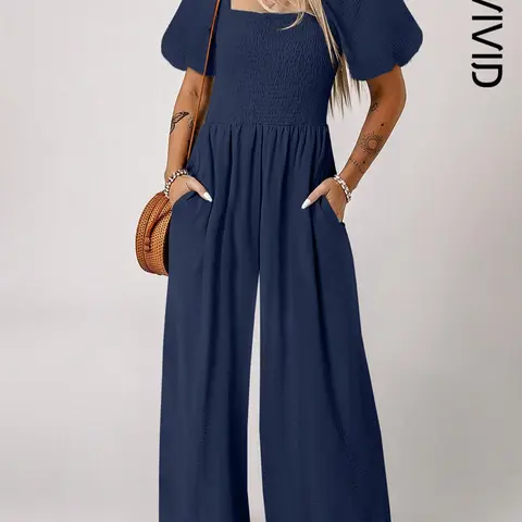 Women's Casual Elegant Chic Short Bubble Sleeve Smocked Wide Leg Jumpsuit Overalls, Fitted Plain Design with Pockets, Summer Wear