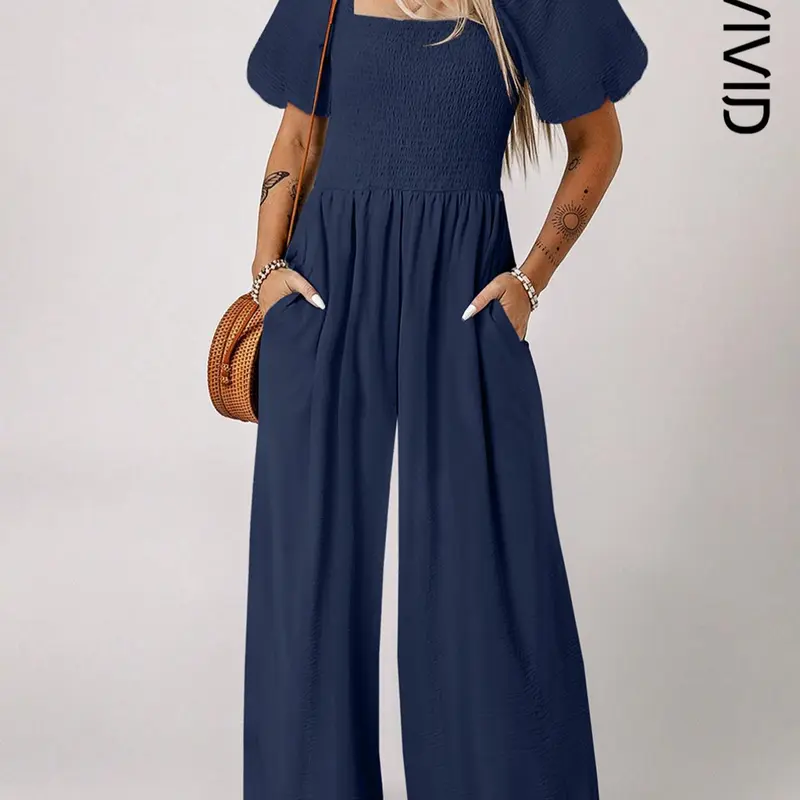 Women's Casual Elegant Chic Short Bubble Sleeve Smocked Wide Leg Jumpsuit Overalls, Fitted Plain Design with Pockets, Summer Wear