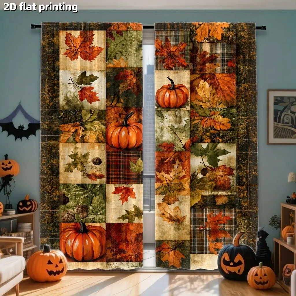 2Pcs Autumn Harvest Pumpkin Maple Leaf Plaid Patchwork Curtains, Digital Printing Technology, Fall Theme, Privacy Protection with Soft Light, for Living Room, Bedroom, Dining, Home Decoration