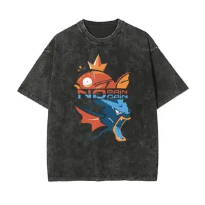 Pocket Monsters Magikarp Gyarados Evolution "No Pain No Gain" Graphic Tee, Vintage Washed Cotton Oversized T-Shirt, Distressed Unisex Short Sleeve Anime Streetwear Top, Gift for Fan