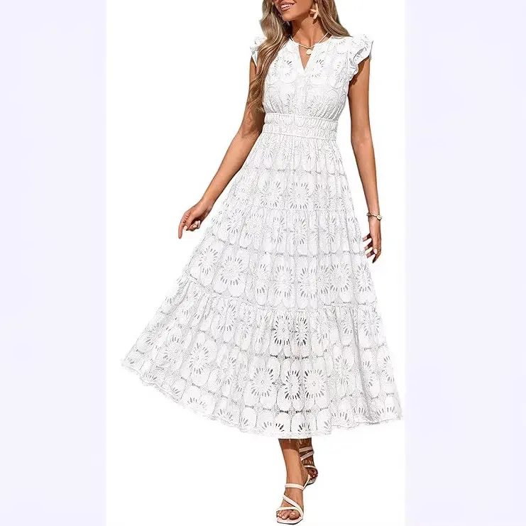 Women's Bohemian Dress, Summer Floral Lace V-Neck Wedding Dress Beach Vacation Dress
