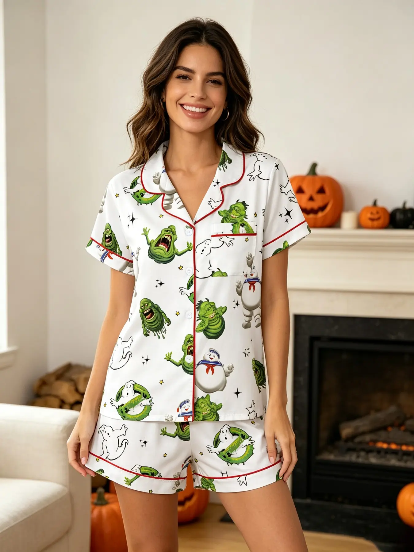Women's Halloween Ghost Cartoon Print Pajama Set, Short Sleeve Sleepwear, Fitted, All Seasons, Party Style, Home Wear, Two-Piece