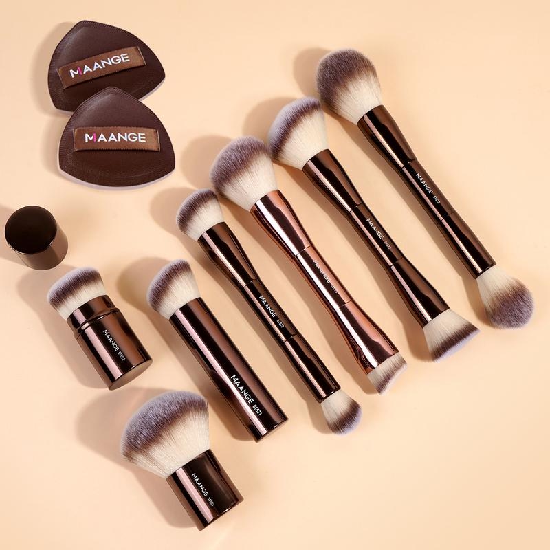 MAANGE 9pcs Makeup Tools Including 7pcs Metal Tube Face Makeup Brushes + 2pcs Marshmallow Air Cushion Powder Puffs, Professional Face Brushes for Flawless Application, Beauty Tools Kit, Cosmetic Brush Set, Makeup Accessories Gifts for Friends