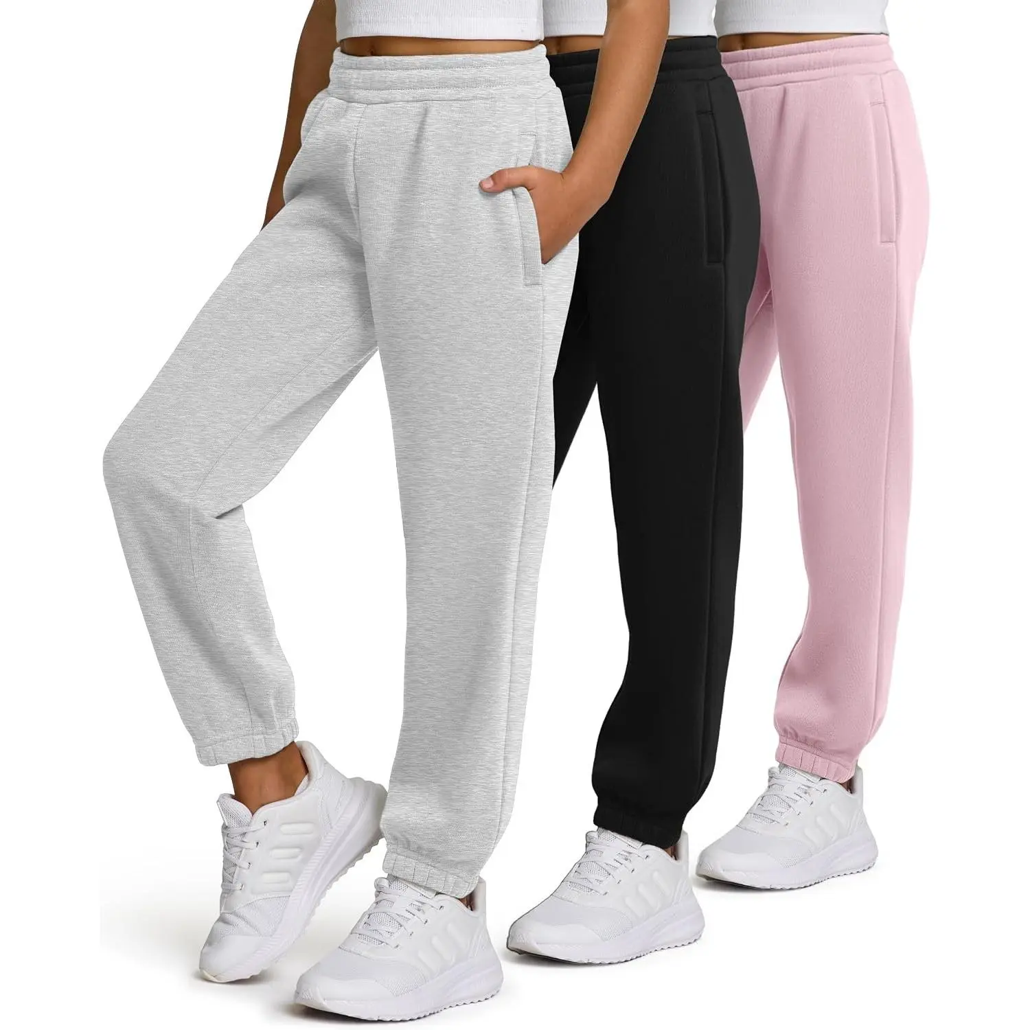 Girls' 3-Pack Fleece Full-Length Athletic Joggers - Casual Wear, Relaxed Fit, Drawstring Waist, Zippered Pockets, Teen & Girls Sweatpants for Size 4-16
