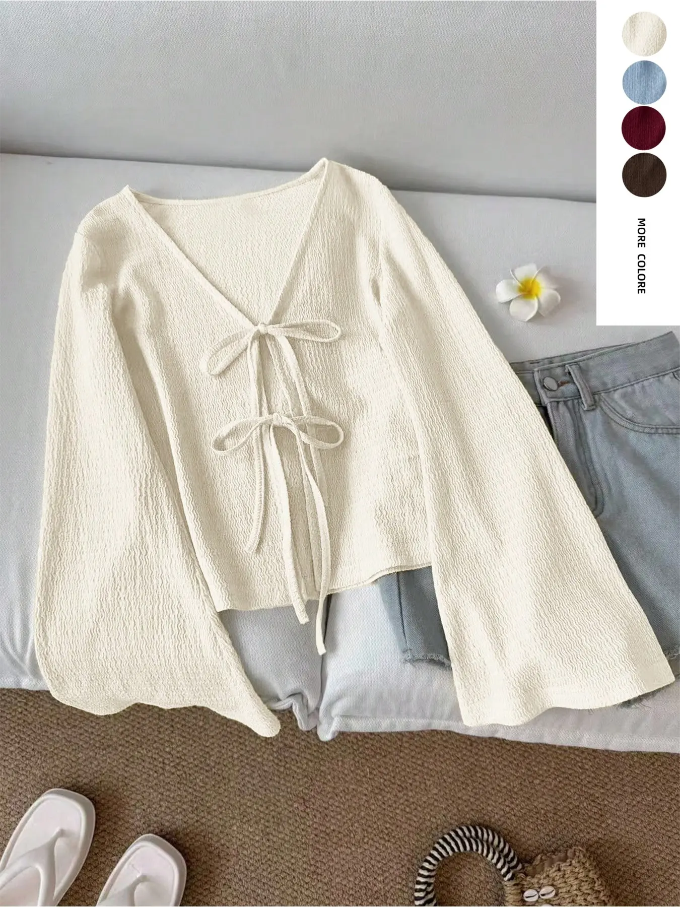 Women's French Style Ruched Texture Double Tie Open Front Knitwear Cardigan, Loose Bell Sleeve V-Neck Short Top, Perfect for Office and Dates