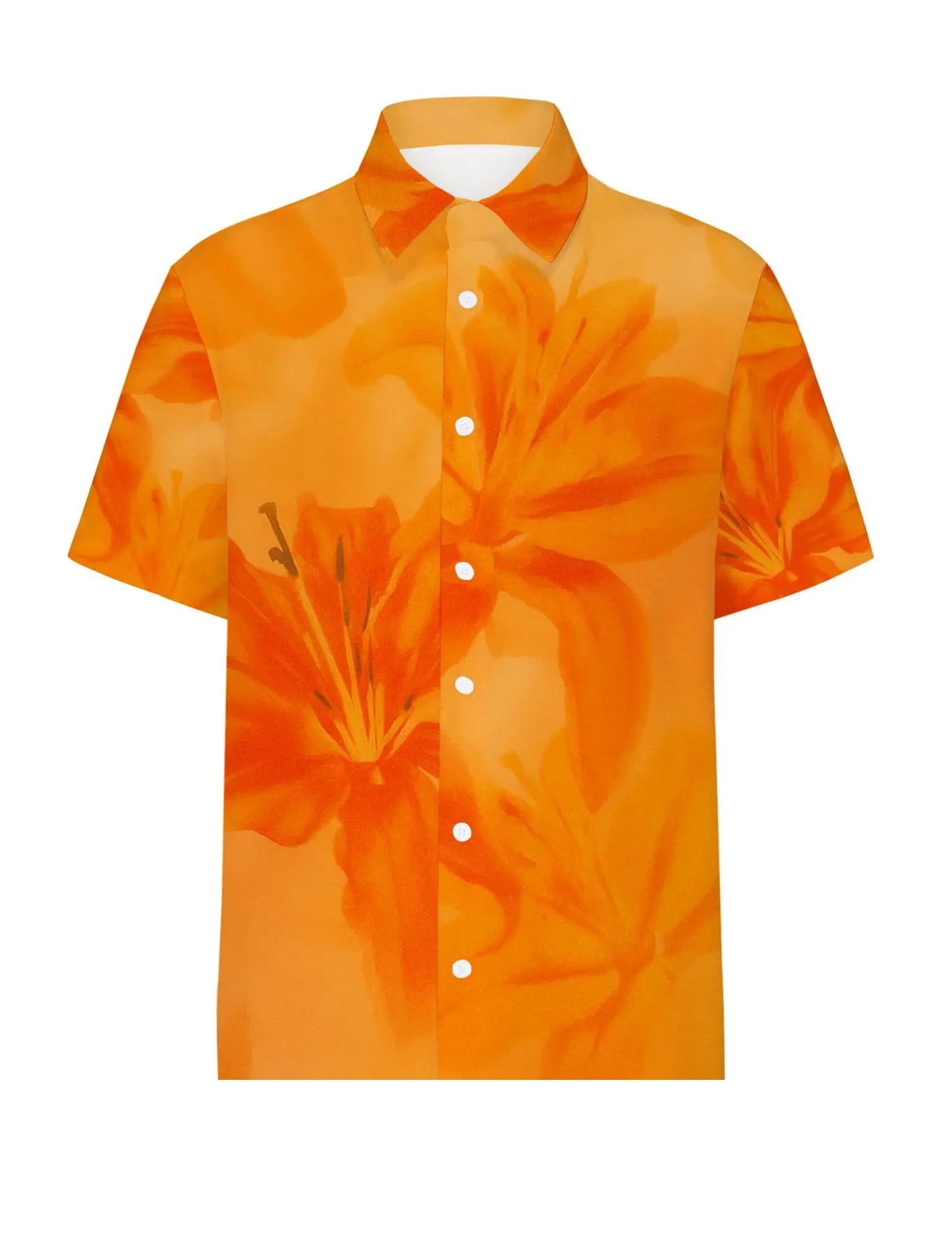 Beautiful Orange Lily Floral Men's Shirt Trendy Personalized Creative Casual Fitted Printed Pattern Short Sleeve Button Polyester Fiber Soft Breathable Leisure Vacation Style, Top, Limited-time offer, fast shipping