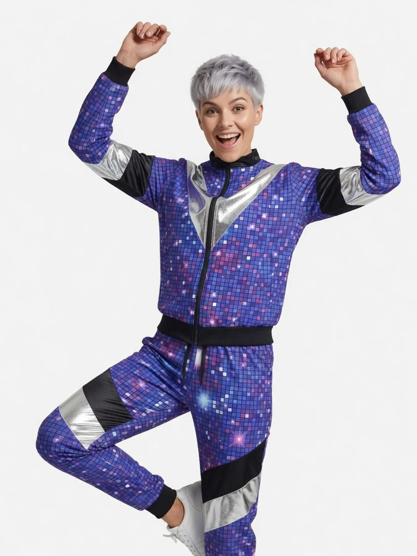 Ladies Dress Up Accessory Set Costume 80s Disco Sportswear Jacket and Pants Jogging Clothing Vintage Style Carnival Themed Party