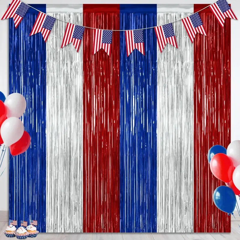 2 Pack 4th of July Tinsel Backdrop, 3.28 FT x 7.05 FT Red Silver Blue Fringe Curtains for Independence Day Photo Booth & Party Decor