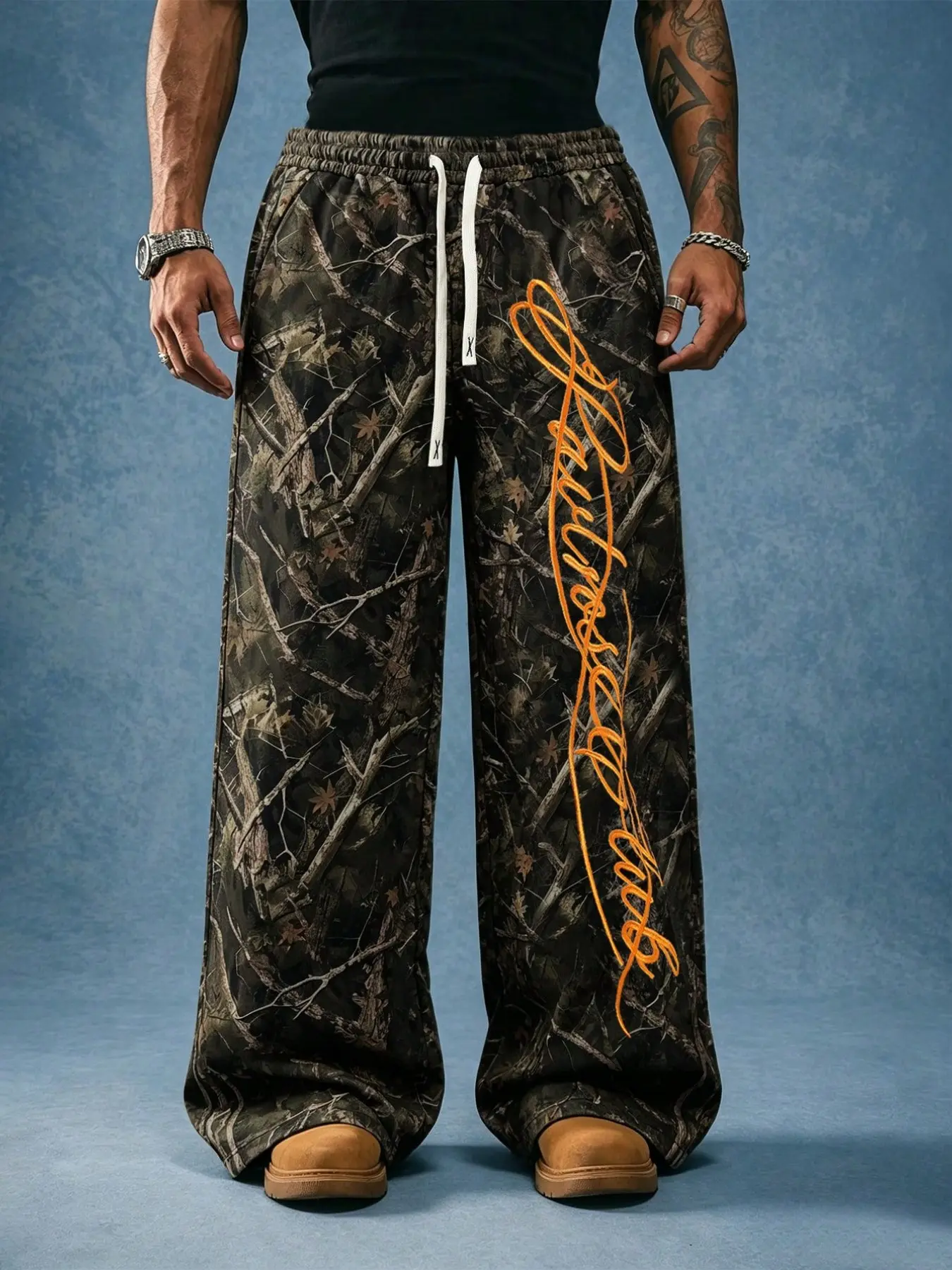 American Vintage Leaf Camo Sport Pants, Loose Wide Leg, Jungle Camo Realtree Style, Military Workwear Shorts, Unisex, All Seasons