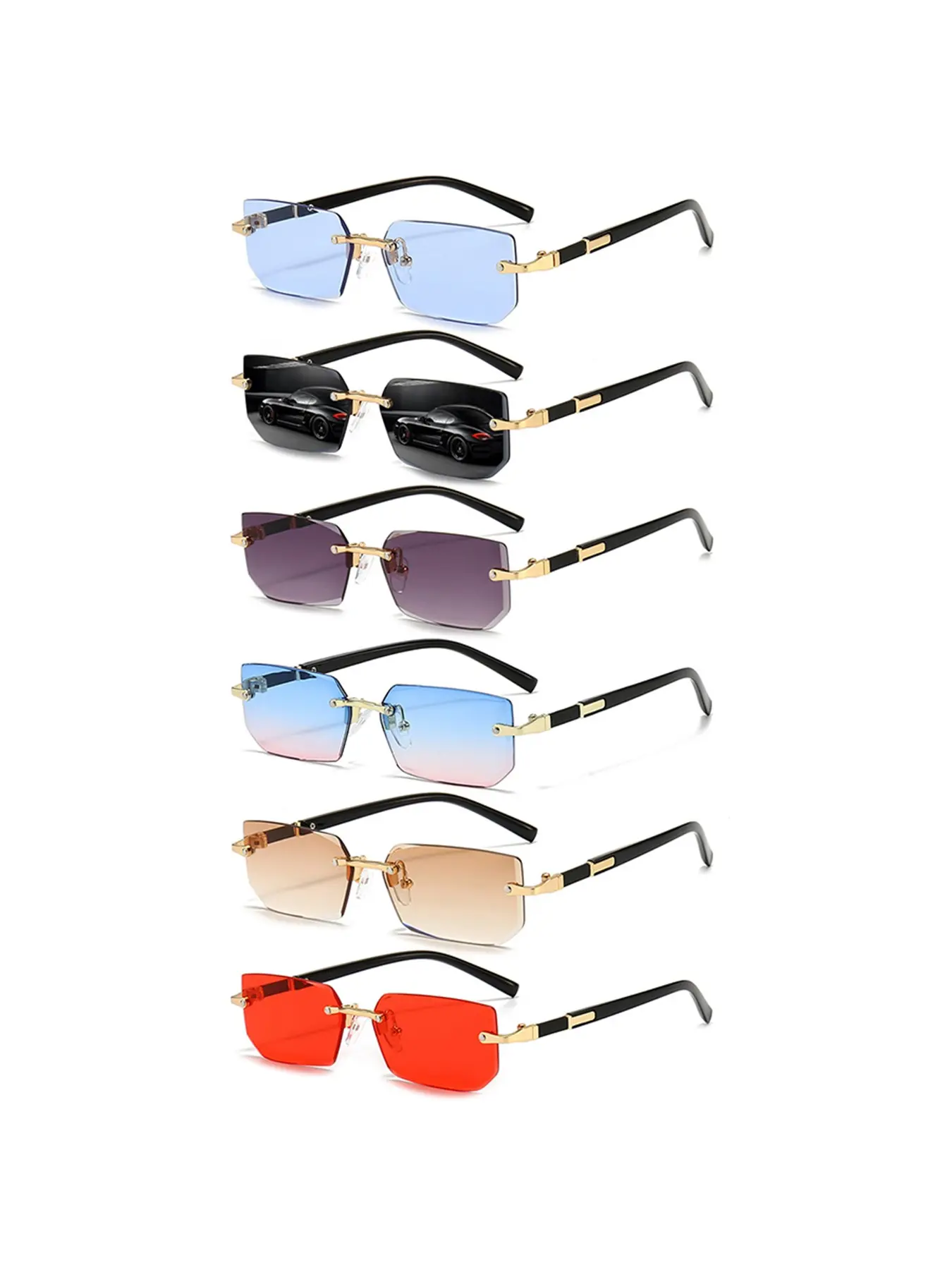 6 pairs of fashionable frameless rectangular gradient sunglasses, trendy men's and women's glasses, metal design, metal eyeglass legs enhance durability, fashionable and comfortable, making it the perfect choice for daily casual wear.