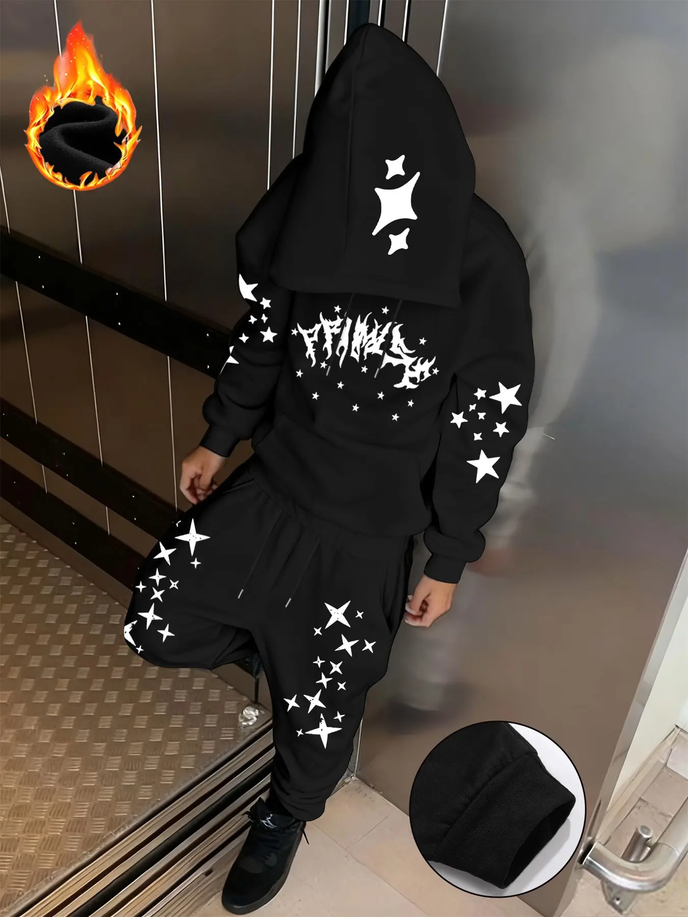 Men's Fall Winter Thickened 2-Piece Set, Comfortable Warm Hoodie + Drawstring Waist Pants, Star Print, Outdoor & Casual Wear, Gift Idea