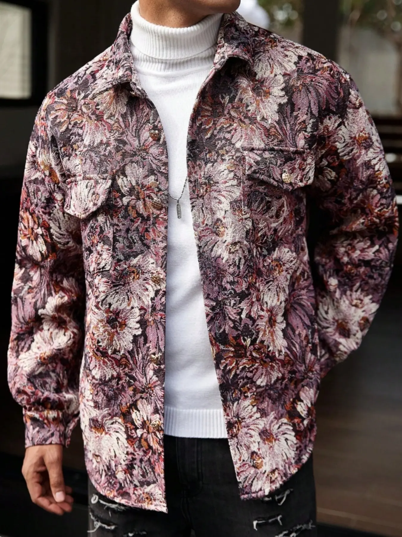 Retro Oil Painting Flower Woven Tapestry Overshirt for Men Blue Floral Pattern Lapel Collar Metal Button Lightweight Shirt Coat Hip Hop Street Outerwear