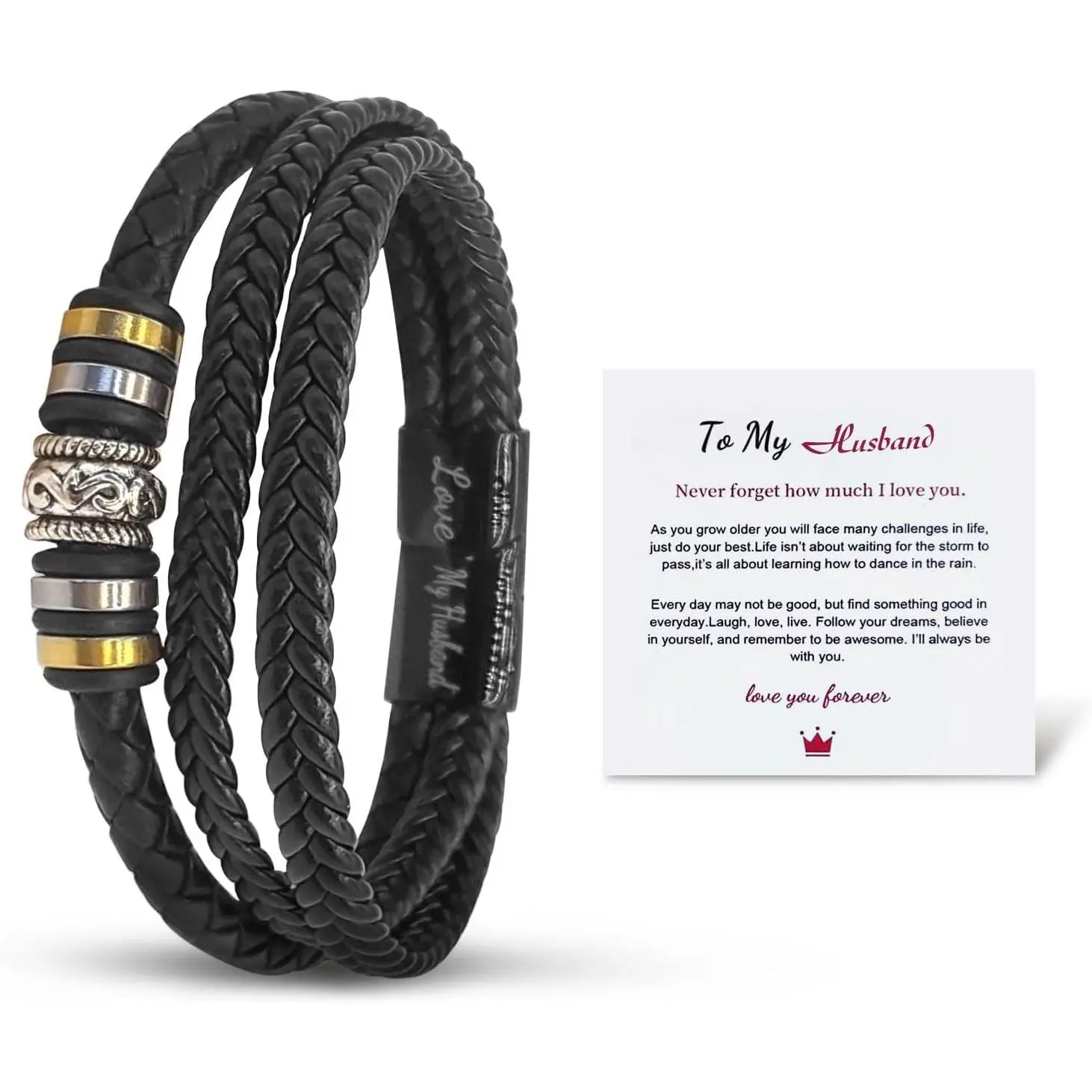 To My Husband Braided Leather Bracelet Love You Forever  Closure Personalized Bracelets,Men's Stainless Braided Leather Bracelet Bangle Wristband Graduation Birthday