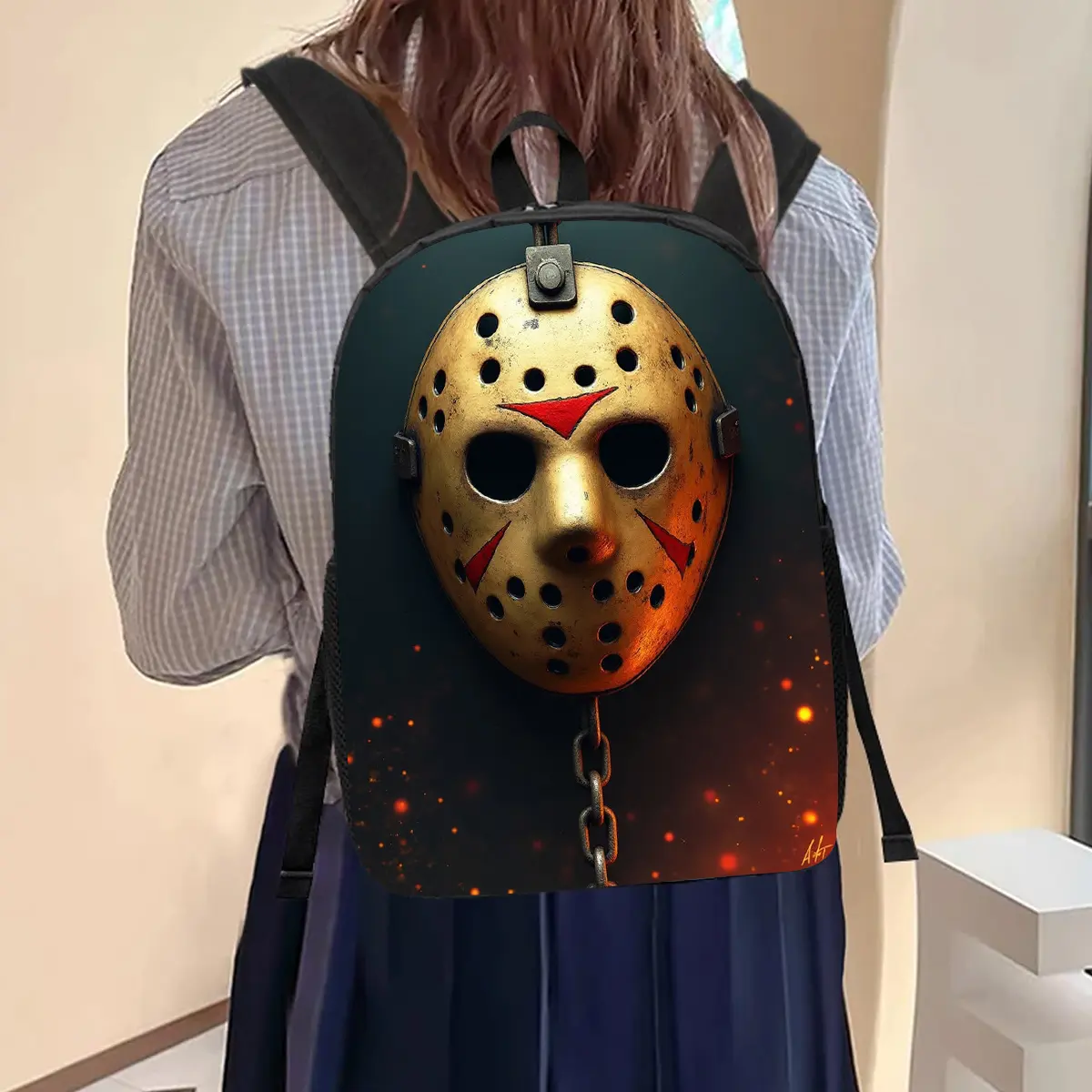 Friday The 13th Jason Voorhees Hockey Mask Horror Backpack - 600D Polyester Daypack, Fiery Glow Art, Adjustable Padded Shoulder Straps, 15-in Laptop Fit, Side Mesh Pockets, Chain, Washable, Embroiderable for Slasher Fans (Ideal for Horror & Campus Life)