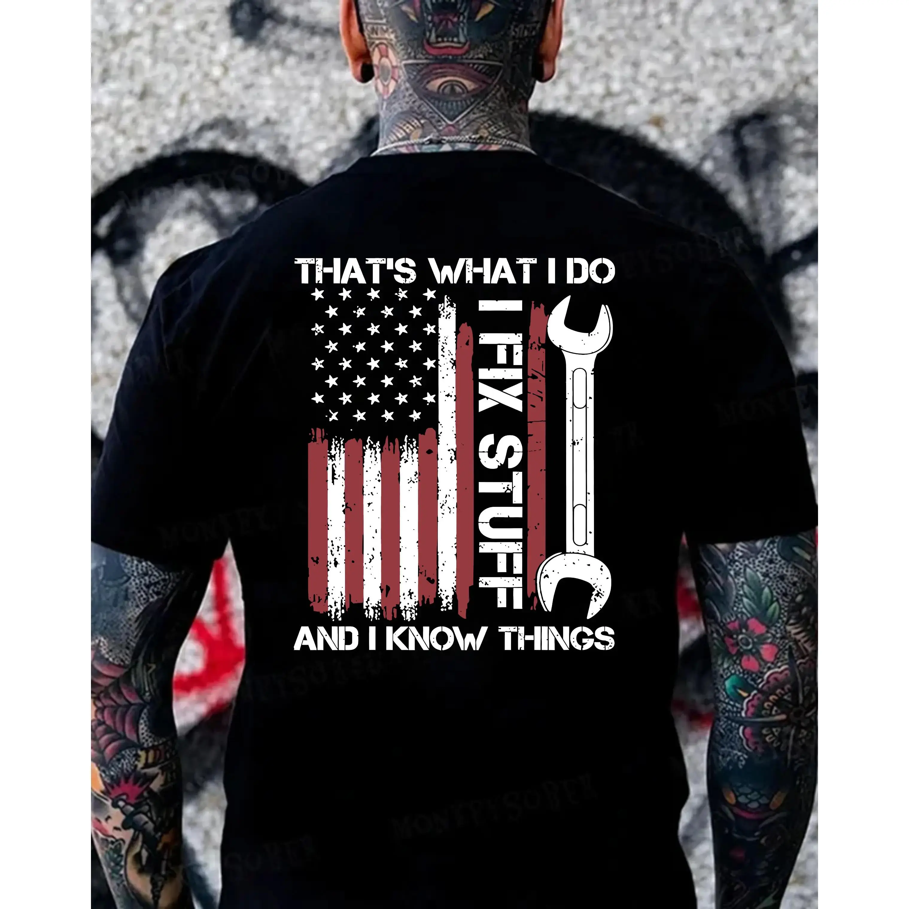 Mechanic Wear Slogan Sports Top - "That's What I Do I Fix Stuff And I Know Things" Flag Graphic Hoodie, Slogan Sports Tops, Menswear, Outdoor Sport