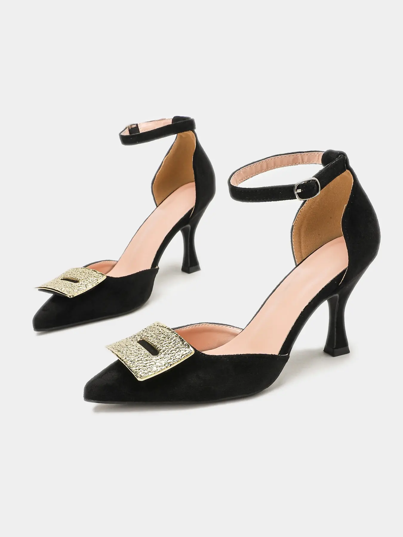 Women’s Pointed Toe Ankle Strap Pumps, Suede-Look Stiletto Heel Dress Shoes with Large Gold-Tone Buckle for Wedding Guest, Party and Evening