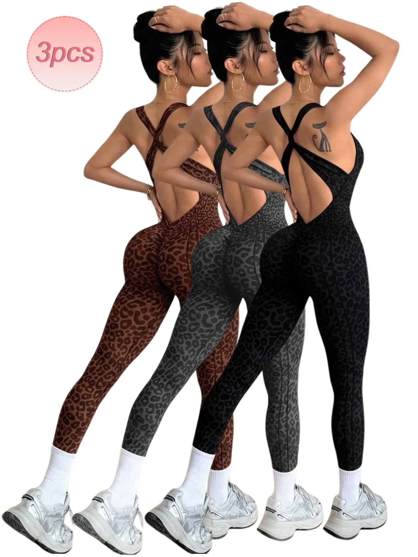 3-Pack Seamless Leopard Print Jumpsuits, Summer Backless Cross-Back Straps, Detachable Pads, High-Waisted Sporty Yoga Pants for Women, Sleeveless Jumpsuits