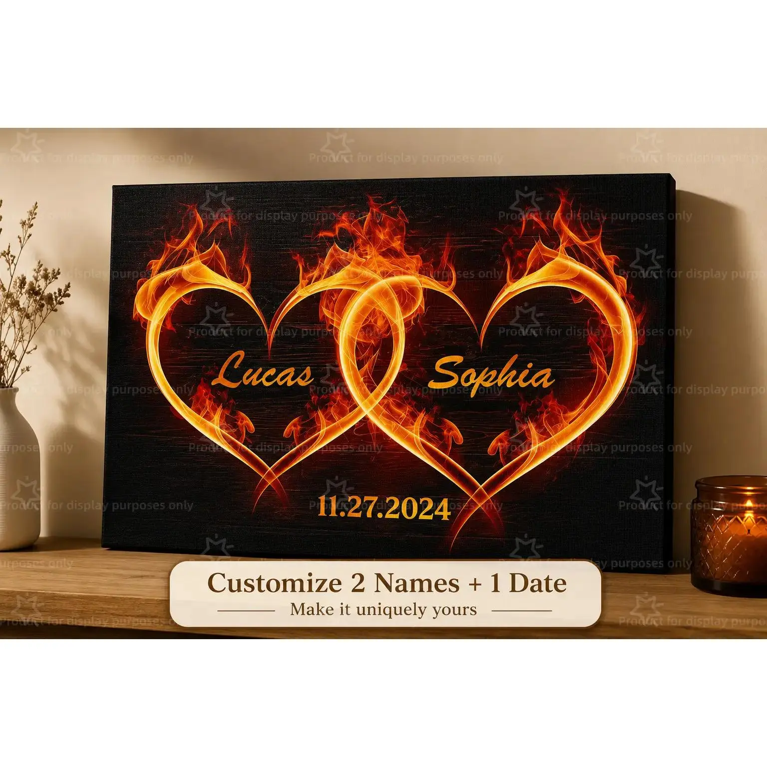 Personalized Fire Heart Couple Canvas Poster, Custom 2 Names Date Wall Art, Romantic Love Decor Print, Bedroom Living Room Decor, Anniversary Gift, Aesthetic Poster Print, Canvas Wall Decor, Couple Room Artwork