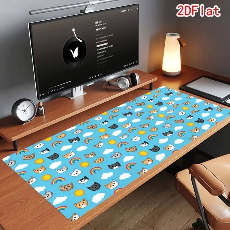 Cute Cat Light Blue Polka Dot Mouse Pad - Natural Rubber, Non-Slip, Durable, Smooth Glide, Multifunctional Rectangular Gaming Keyboard Desk Mat for Gamers & Offices, Ideal Holiday Gift