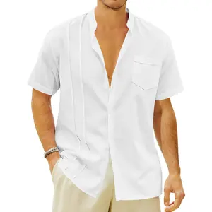 Mens Casual Button Shirts Cotton Linen Summer Beach Short Sleeve Tops for Lounge Vacation